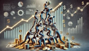 Imagem retrata uma estrutura financeira instável e enganosa, com investidores na base sustentando um pequeno grupo de indivíduos no topo.