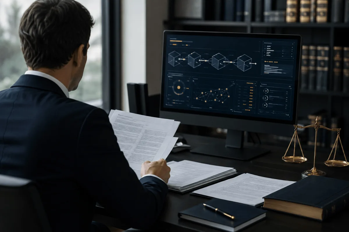 advogado analisando contrato blockchain