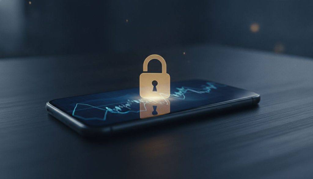 Celular sobre uma mesa escura com gráfico de corretora de criptomoedas na tela e um cadeado dourado, representando os saques suspensos na Bitget