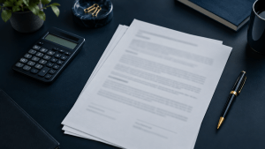Contrato de financiamento sobre mesa com calculadora, análise de juros abusivos