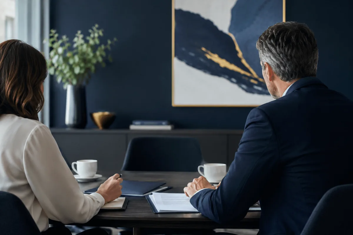 Reunião entre advogado e cliente sobre caso de criptomoedas