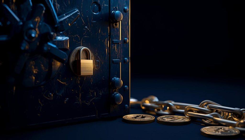 Porta de cofre com cadeado dourado, correntes e moedas: bloqueio de criptomoedas numa corretora