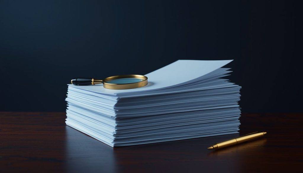 Pilha de documentos com uma lupa e uma caneta dourada sobre a mesa, representando a revisão e a correção de informações no Registrato