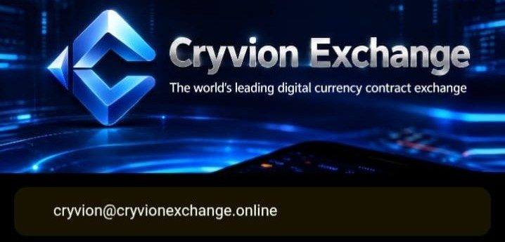 Banner da tela inicial do app Cryvion Exchange, com o logo e o e-mail da plataforma