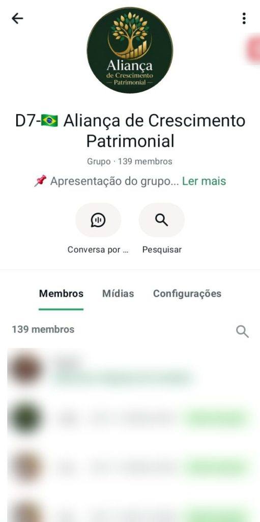 Tela de um grupo de WhatsApp da Cryvion com 139 membros, com números e fotos borrados