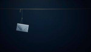 Envelope pendurado num anzol sobre fundo azul-escuro, representando o golpe de phishing por mensagem falsa