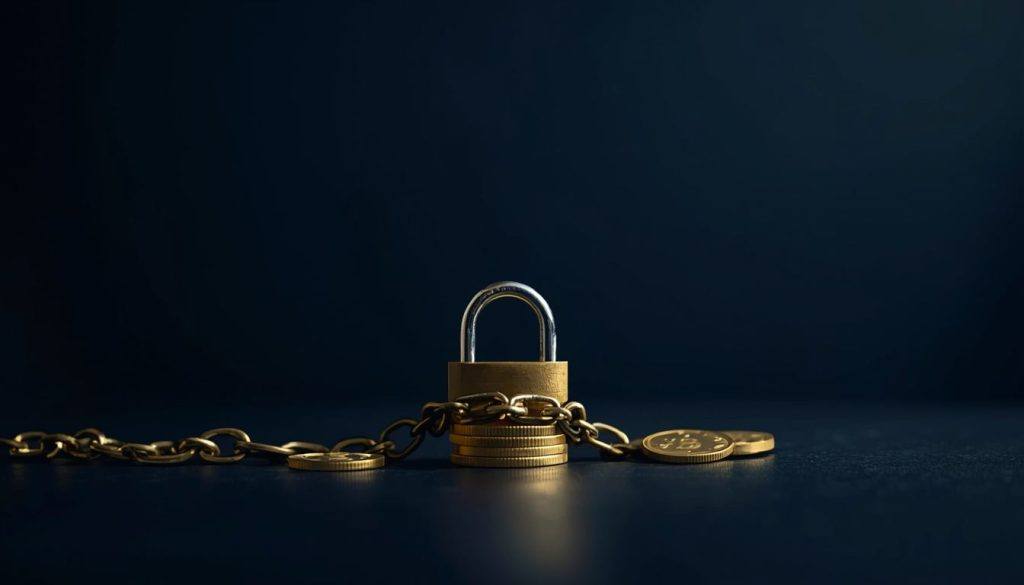 Cadeado fechado com corrente em volta de moedas douradas, representando o bloqueio de criptomoedas por ordem judicial