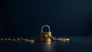 Cadeado fechado com corrente em volta de moedas douradas, representando o bloqueio de criptomoedas por ordem judicial