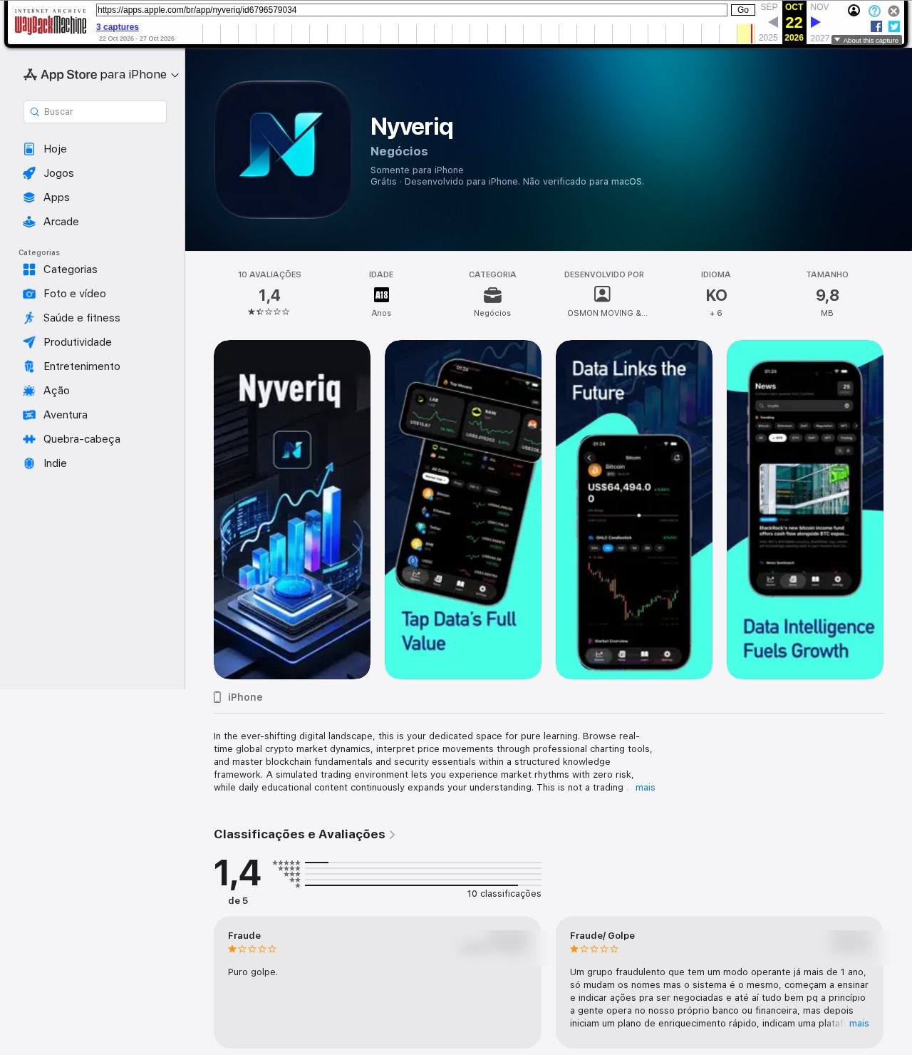 Cópia no Internet Archive da página do app Nyveriq na App Store, com nota 1,4 de 5 e avaliações com o título Fraude