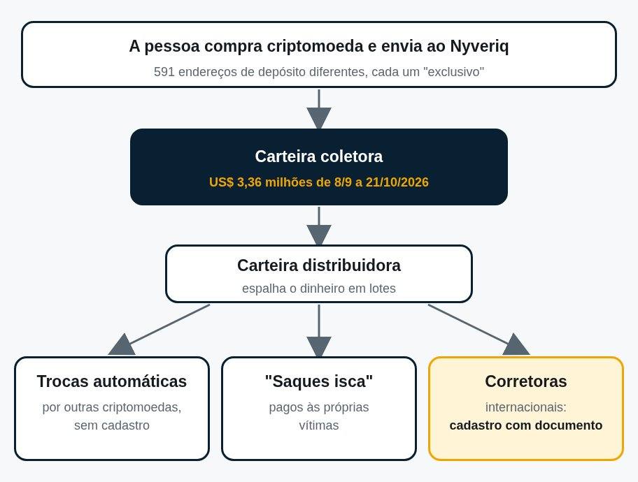 Esquema do caminho do dinheiro no Nyveriq: endereços de depósito, carteira coletora, carteira distribuidora, trocas automáticas, saques isca e corretoras internacionais