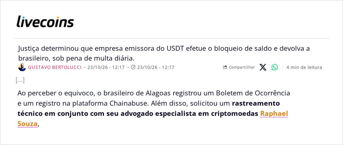 Trecho da matéria da Livecoins de 23/10/2026 sobre a decisão que mandou a Tether bloquear e devolver USDT, citando o advogado Raphael Souza