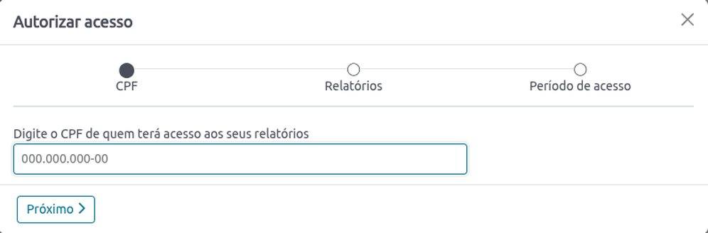 Janela Autorizar acesso da Central de autorizações do Registrato, com as etapas CPF, Relatórios e Período de acesso