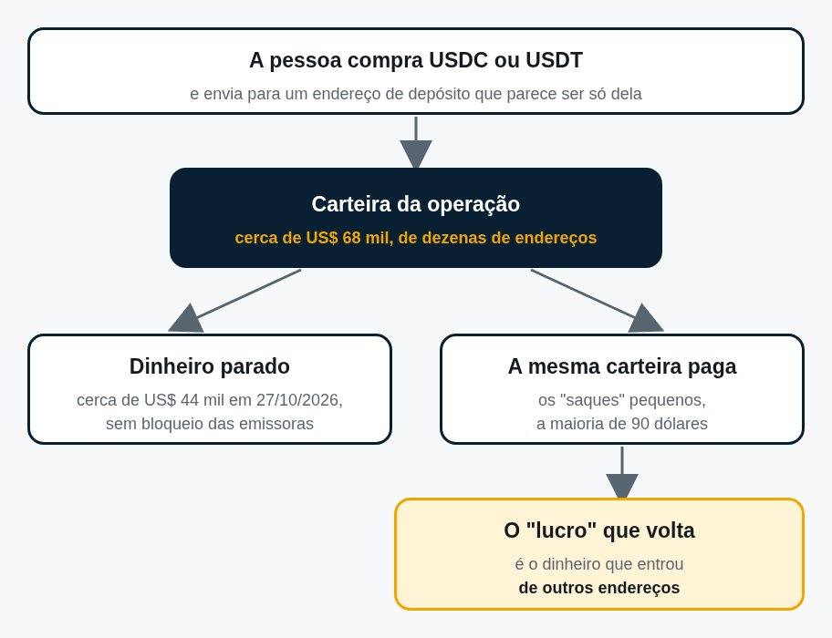 Esquema do caminho do dinheiro na RiqZora: depósito, carteira da operação, dinheiro parado e saques pequenos pagos pela mesma carteira